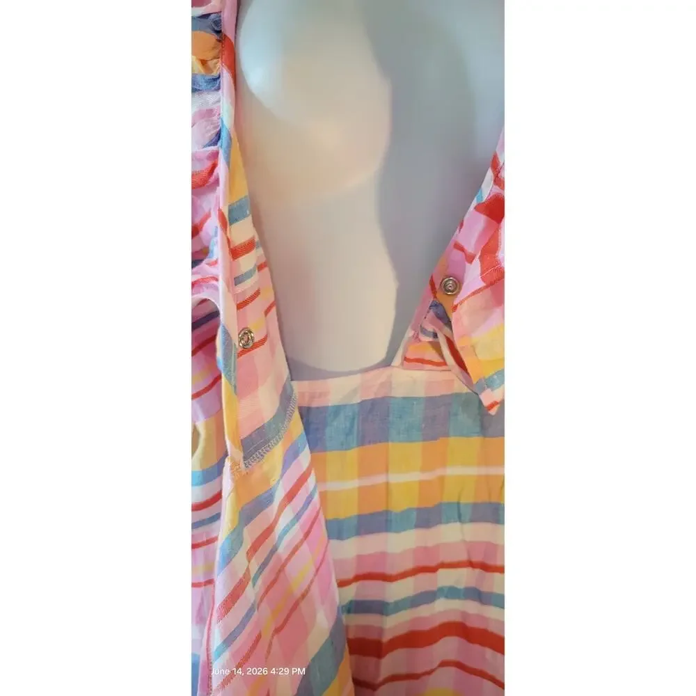Never A Wallflower Ruffle Long Wrap Linen Dress Pink Spanish Plaid Sz M - Picture 6 of 8
